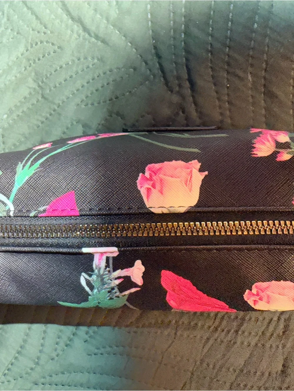 Ted Baker Black Floral Cosmetic Pouch with Pink and Green Accents